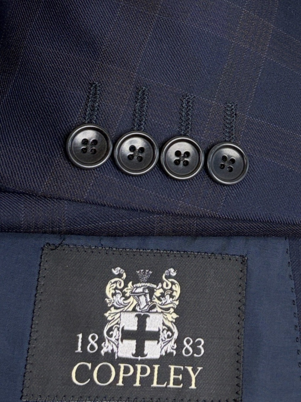 Coppley Sport Coat Mens 42S Navy Blue Brown Check Plaid Wool Made in Canada